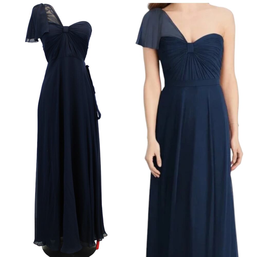 NEW Jenny Packham Womens 0 One Sleeve Bridesmaid Dress Ruched‎ Chiffon Midnight